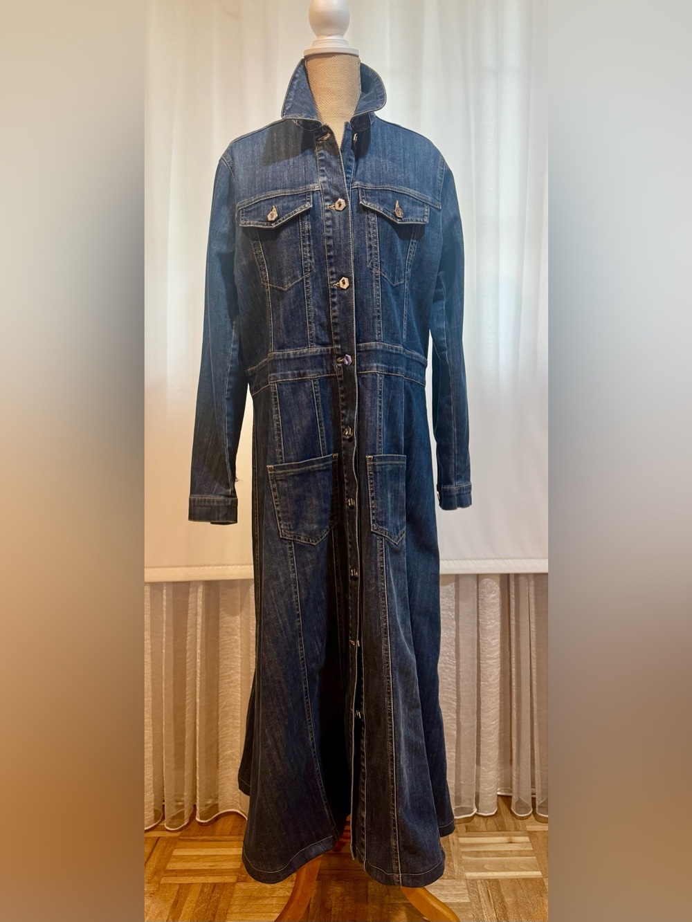 Oblique Creations Denim Long Button-Front Maxi Dress/Coat in Dark Blue, Italy